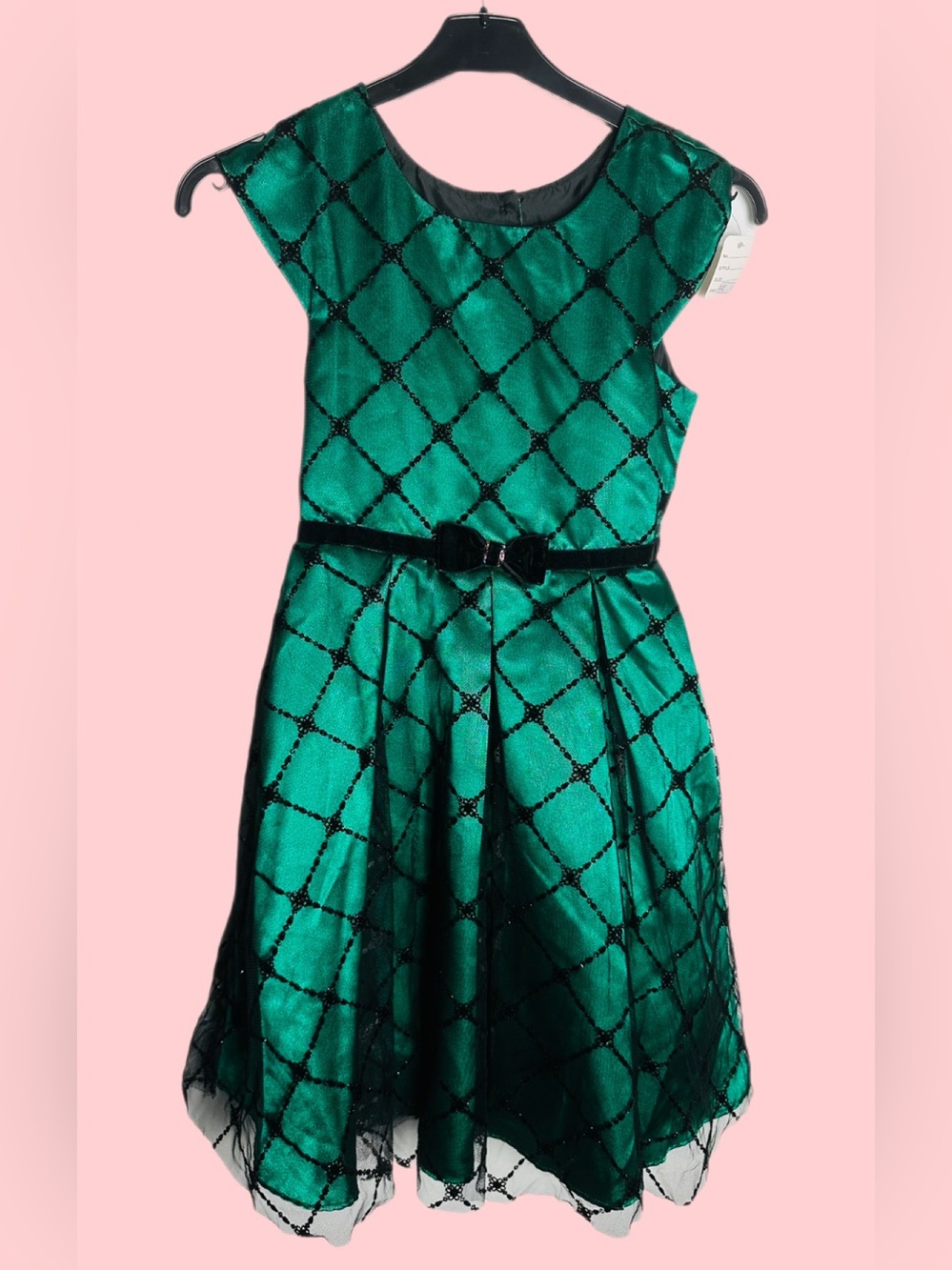 Jona Michelle Emerald Green Lattice Party Dress with Velvet Bow - Picture 2 of 13